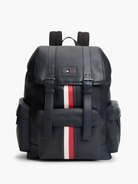 Blue Leather Global Stripe Buckle Flap Backpack  Men