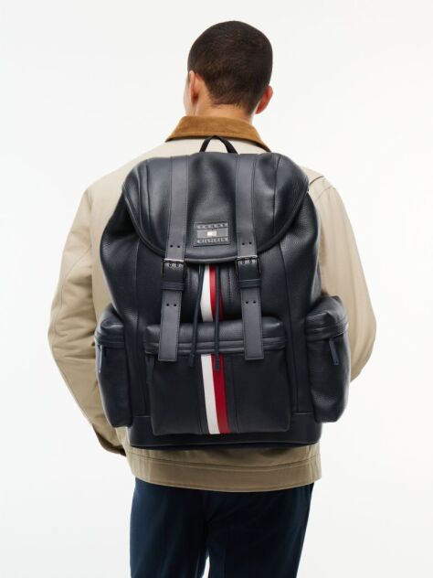 Blue Leather Global Stripe Buckle Flap Backpack  Men