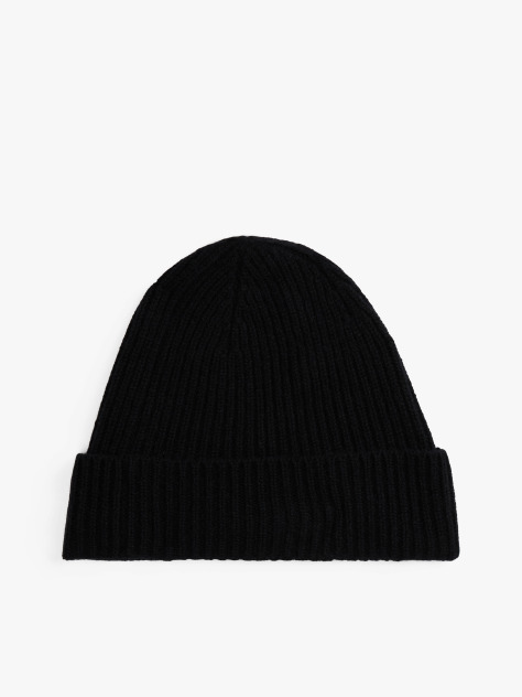 Black Pure Cashmere Rib-Knit Beanie  Women