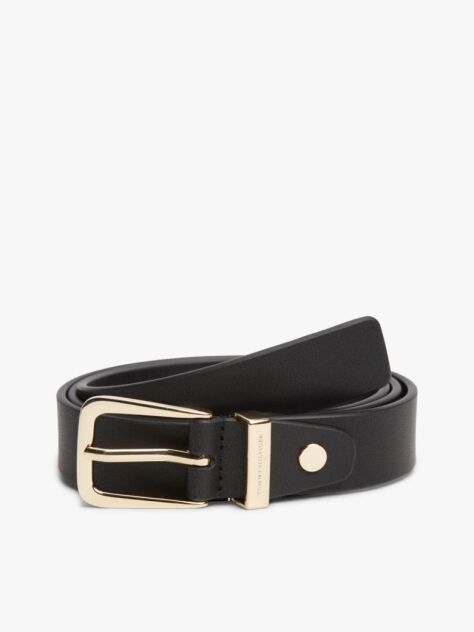 Black Logo Keeper Rectangular Buckle Leather Belt  Women