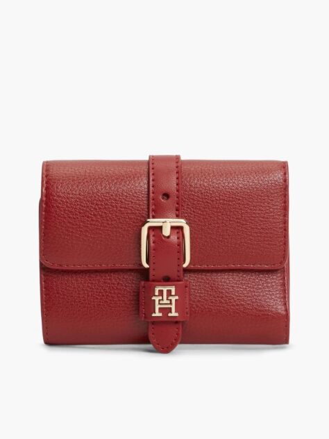 Red Pebble Grain Buckle Trifold Wallet  Women