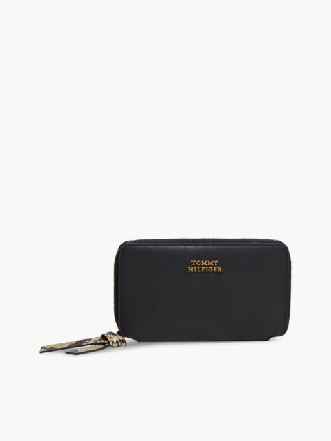 Black Leather Metal Logo Zip-Around Wallet  Women