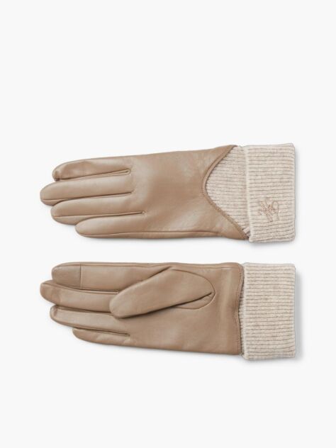 Beige Leather Wool Trim Gloves  Women