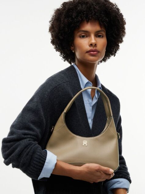 Beige TH Monogram Plaque Crossbody Hobo Bag  Women