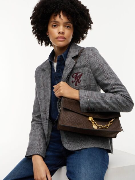 Brown Suede TH Monogram Chain Shoulder Bag  Women
