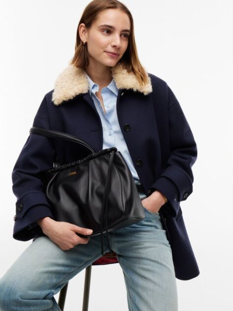 Black Soft Leather Drawstring Hobo Bag  Women