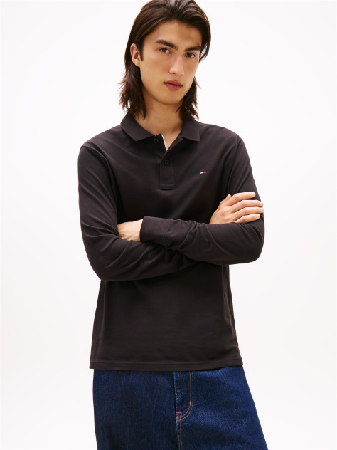 Black Slim Placket Long Sleeve Polo  Men