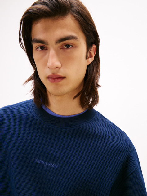 Blue Relaxed Waffle Script Crew Jumper  Men