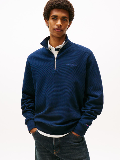 Blue Waffle Knit Quarter-Zip Relaxed Jumper  Men