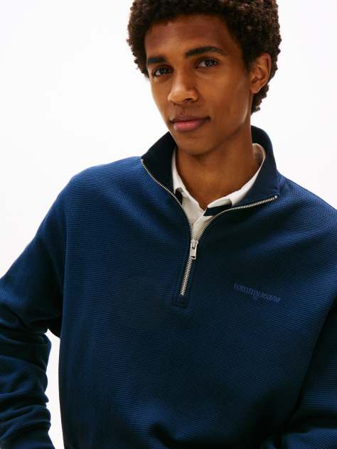 Blue Waffle Knit Quarter-Zip Relaxed Jumper  Men