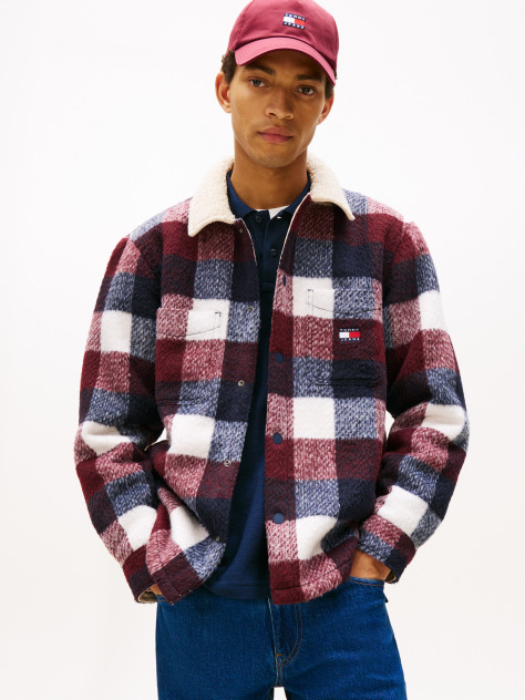 Multi Oversized Fit Check Teddy Collar Overshirt  Men