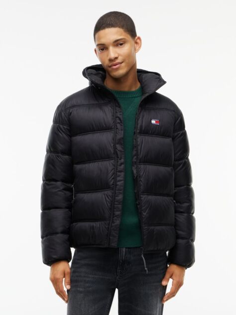 Black Tonal Logo Hooded Puffer Jacket  Men