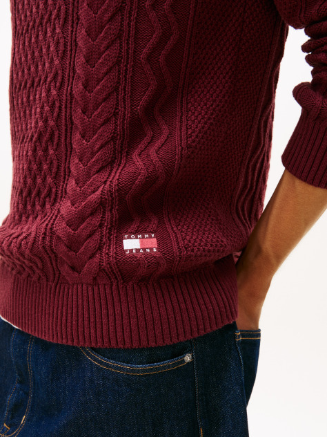 Red Tommy Badge Cable Knit Slim Jumper  Men