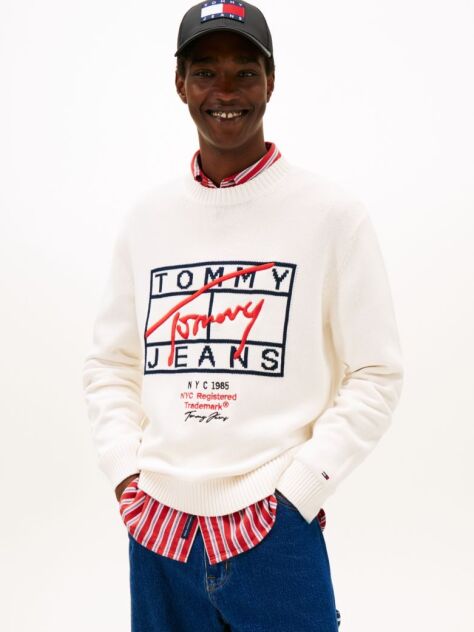 White Intarsia Logo Crew Neck Jumper  Men