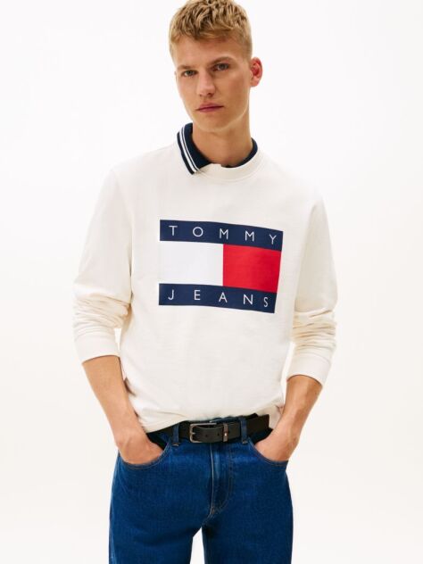 White Regular Tonal Flag Crew Neck Sweatshirt  Men