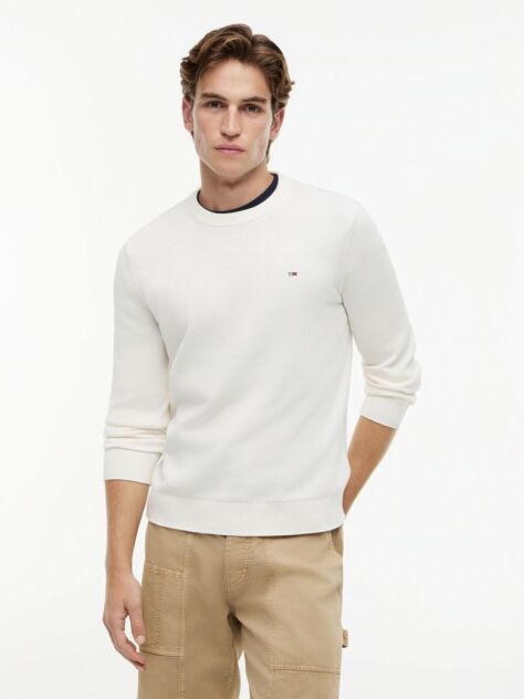 Beige Tommy Flag Slim Crew Neck Jumper  Men