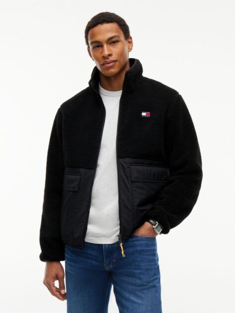 Black Teddy Contrast Texture Relaxed Jacket  Men