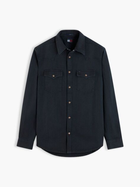 Black Regular Fit Washed Denim Western Shirt  Men