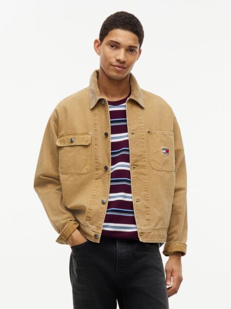 Μπεζ Oversized Overshirt Από Καμβά Με Κοτλέ Γιακά  Άνδρες