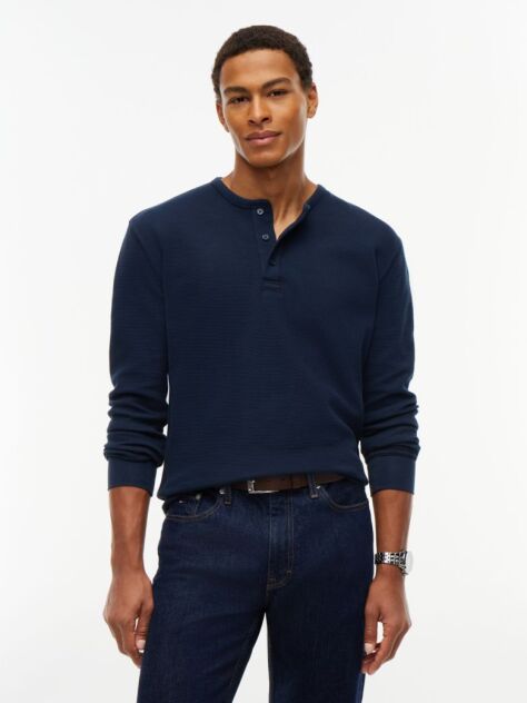Blue Washed Waffle Knit Henley Long Sleeve T-Shirt  Men