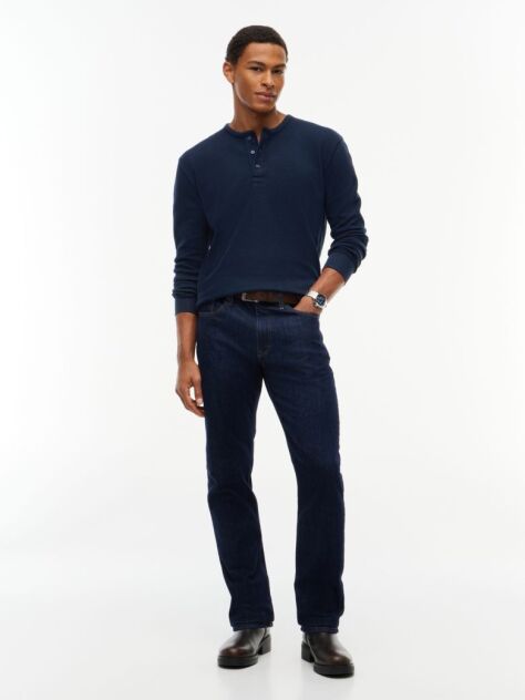 Blue Washed Waffle Knit Henley Long Sleeve T-Shirt  Men