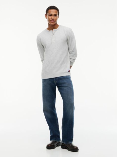 Grey Washed Waffle Knit Henley Long Sleeve T-Shirt  Men