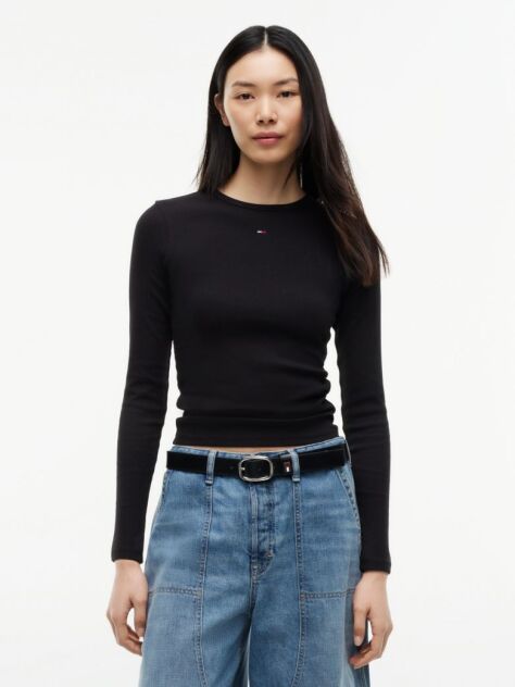 Black Ribbed Slim Long Sleeve T-Shirt  Women
