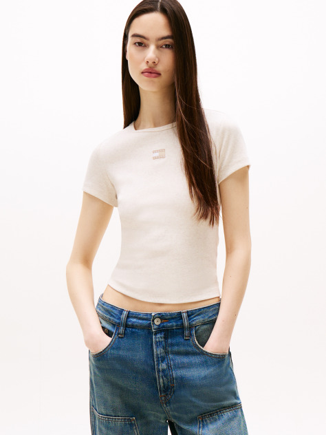 Beige Slim Badge Rib Tee  Women
