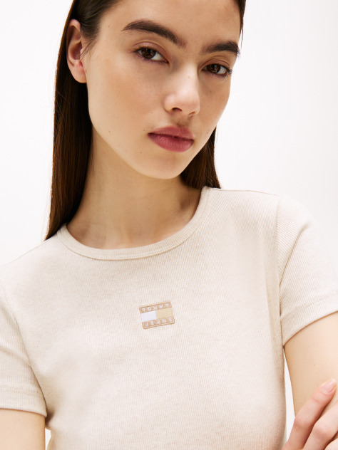 Beige Slim Badge Rib Tee  Women