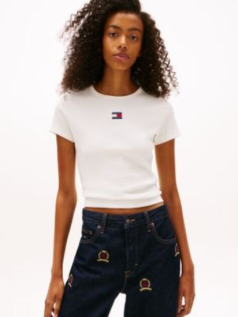 Beige Slim Badge Rib Tee  Women