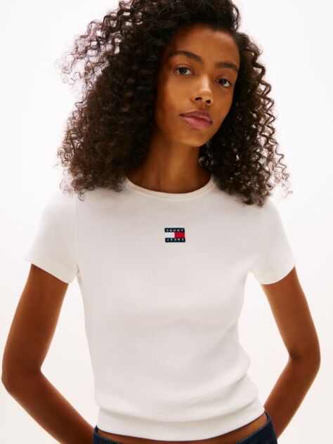 Beige Slim Badge Rib Tee  Women