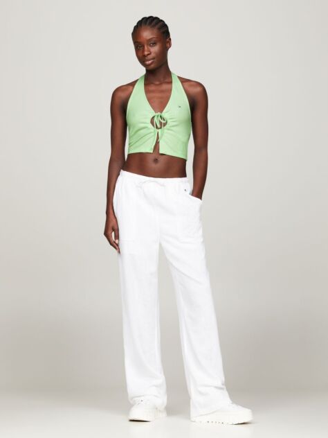 Green Ribbed Halterneck Keyhole Cropped Tank Top  Women