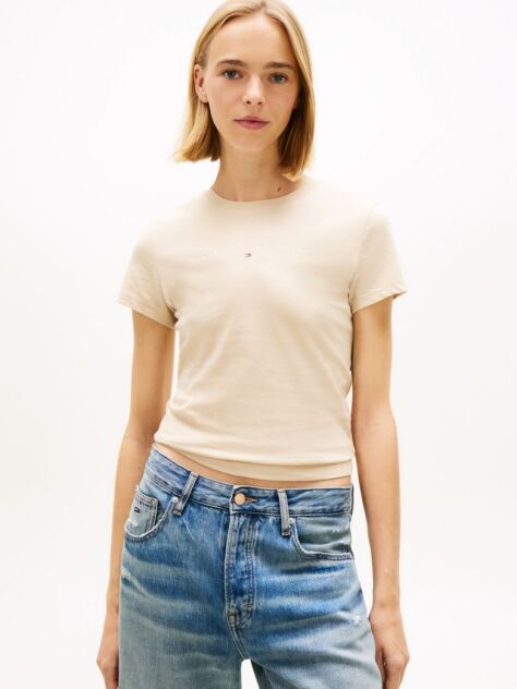 Μπεζ Essential Slim T-Shirt Με Λογότυπο  Γυναίκες