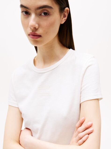 White Slim Fit Cropped Tonal Flag T-Shirt  Women
