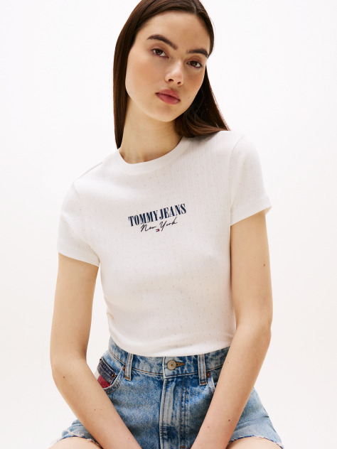 White Slim Logo Pointelle Tee  Women
