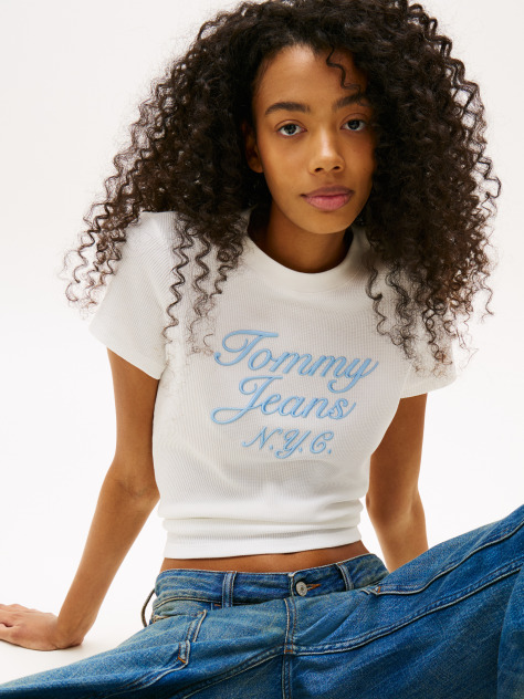 White Varsity Waffle Knit Slim T-Shirt  Women