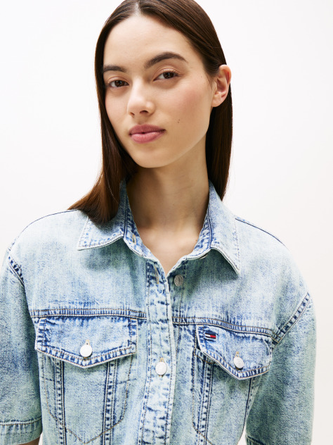 Denim Μίνι Denim Φόρεμα Με Ζώνη Και Ξεθωριασμένο Εφέ  Γυναίκες
