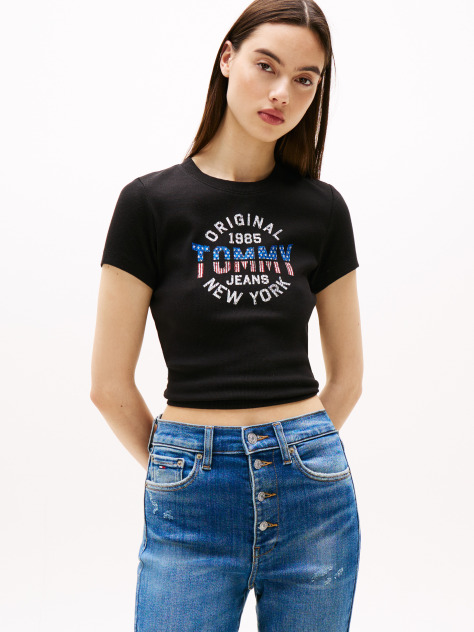 Black Ribbed Slim New York Logo T-Shirt  Women