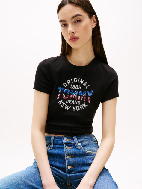 Black Ribbed Slim New York Logo T-Shirt  Women