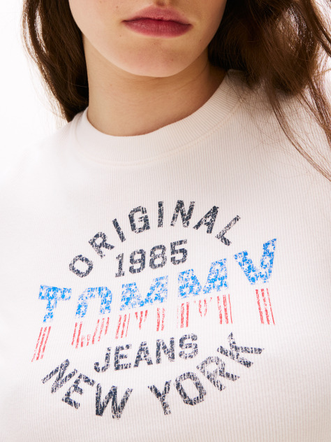 White Ribbed Slim New York Logo T-Shirt  Women