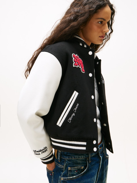 Black Logo Appliqué Varsity Jacket With Wool  Women