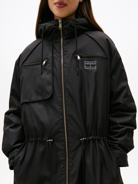 Black Tommy Badge Relaxed Hooded Parka  Women