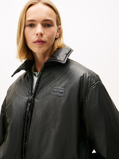 Black Shiny Relaxed Padded Bomber Jacket  Women