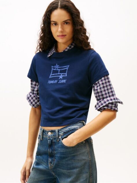 Μπλε Κοντομάνικο T-Shirt Σε Κανονική Γραμμή Με Λογότυπο  Γυναίκες