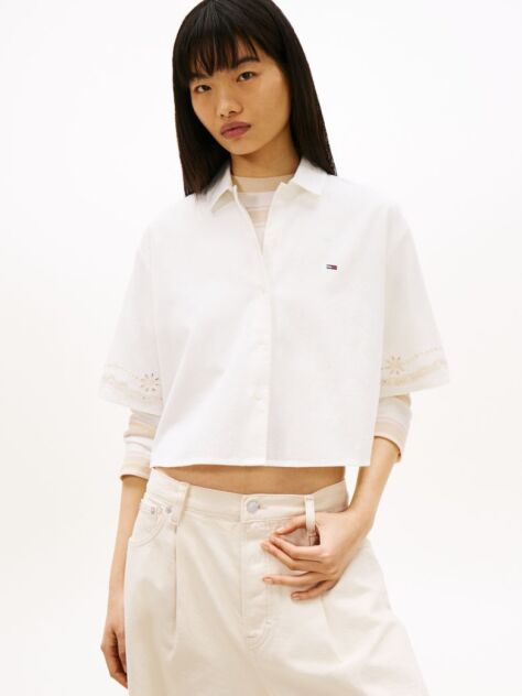 Beige Relaxed Fit Broderie Anglaise Back Logo Shirt  Women