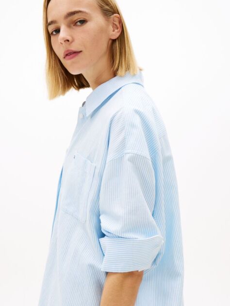 Blue Oversized Linen Blend Shirt Dress  Women