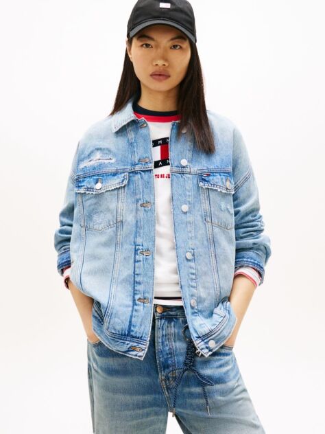 Denim Distressed Oversized Denim Trucker Jacket  Women