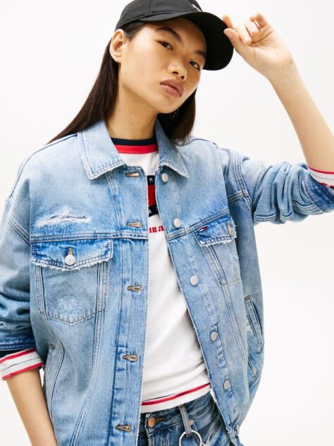 Denim Distressed Oversized Denim Trucker Jacket  Women