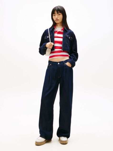 Denim Pleated Mid Rise Loose Straight Leg Jeans  Women