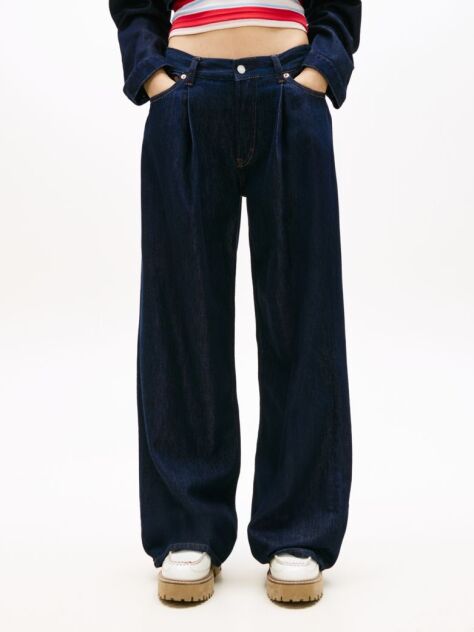 Denim Pleated Mid Rise Loose Straight Leg Jeans  Women